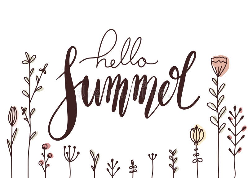Tarjeta horizontal con verano manuscrito del hola que pone letras con las flores del garabato Tarjeta de felicitación con la cita ilustración del vector Tarjeta horizontal con verano manuscrito del hola que pone letras con las flores del garabato Tarjeta de felicitación con la cita ilustración del vector