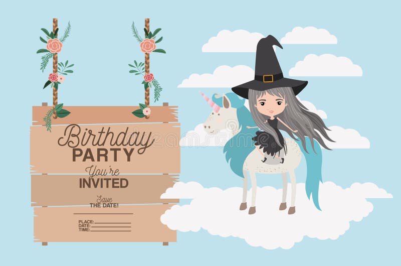  Tarjeta Invitada De La Fiesta De Cumpleaños Con Unicornio Y La Bruja Ilustración del Vector