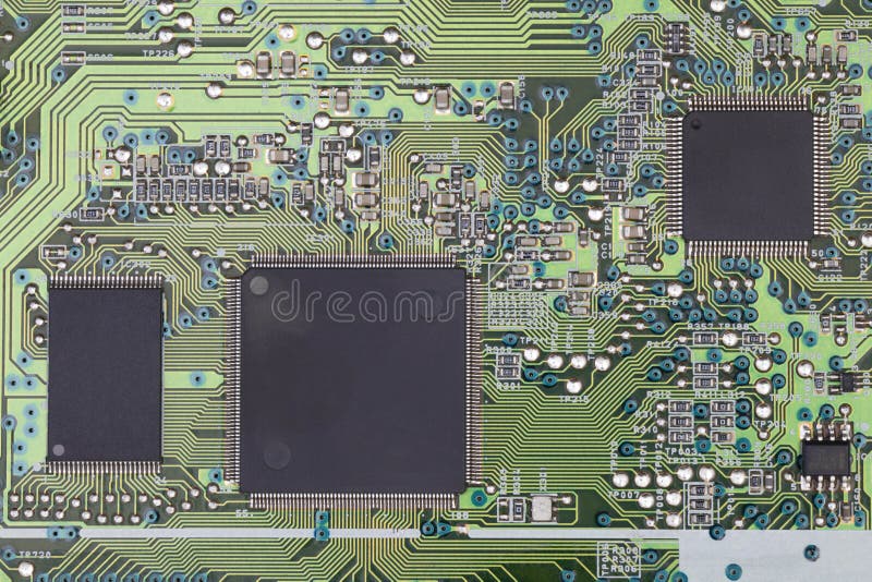 Green printed fax motherboard with microcircuit, close-up. Green printed fax motherboard with microcircuit, close-up