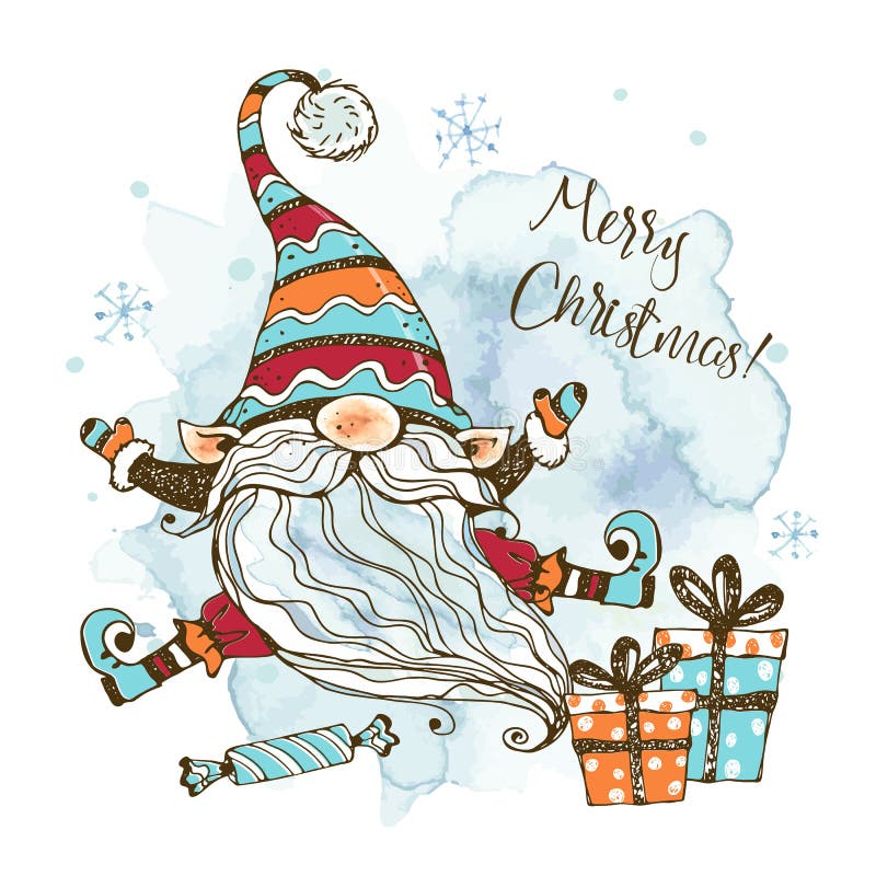 Tarjeta navideña con gnomo nórdico adorable con regalos. acuarelas y gráficos. estilo doodle