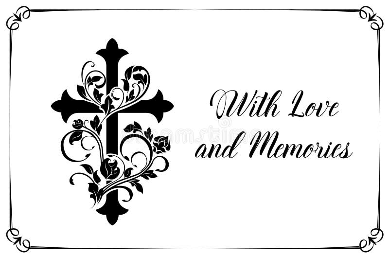 Funeral card vector template with cross and floral ornament or flourishes. Vintage condolence funereal card with frame love and memory typography. Obituary memorial, remembrance retro funeral poster. Funeral card vector template with cross and floral ornament or flourishes. Vintage condolence funereal card with frame love and memory typography. Obituary memorial, remembrance retro funeral poster