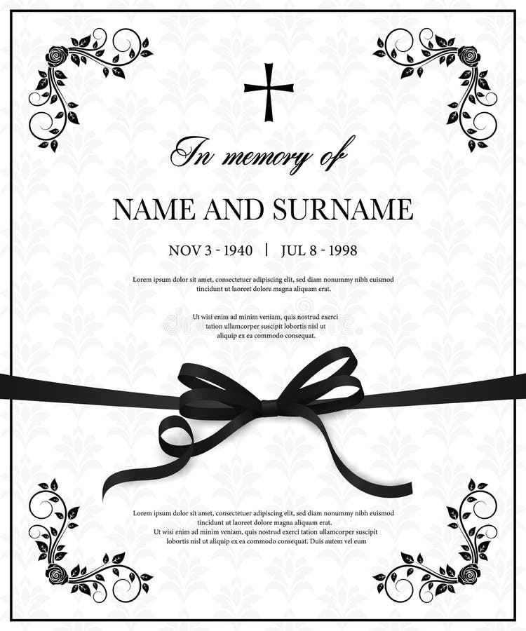 Funeral vector card with vintage condolence flower ornamental flourishes, christian cross, black mourning ribbon, name, birth and death dates place. Obituary memorial decorative funereal card template. Funeral vector card with vintage condolence flower ornamental flourishes, christian cross, black mourning ribbon, name, birth and death dates place. Obituary memorial decorative funereal card template