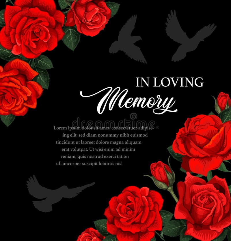 Funeral vector card with red rose flowers and doves silhouettes. Obituary poster with floral decoration, in loving memory typography. Vintage card with blossoms, funeral frame with roses and birds. Funeral vector card with red rose flowers and doves silhouettes. Obituary poster with floral decoration, in loving memory typography. Vintage card with blossoms, funeral frame with roses and birds