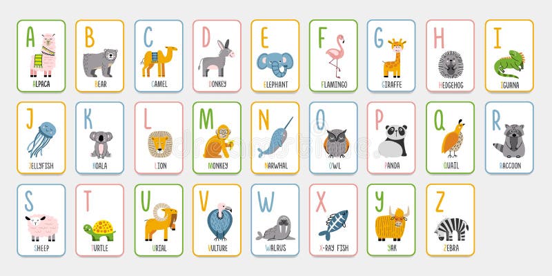 Tarjetas Alfabéticas Con Animales Para El Aprendizaje Preescolar. Cartas En  Inglés Para Niños. Estilo De Dibujos Animados Abc Tarj Stock de ilustración  - Ilustración de flashcard, lindo: 212259202