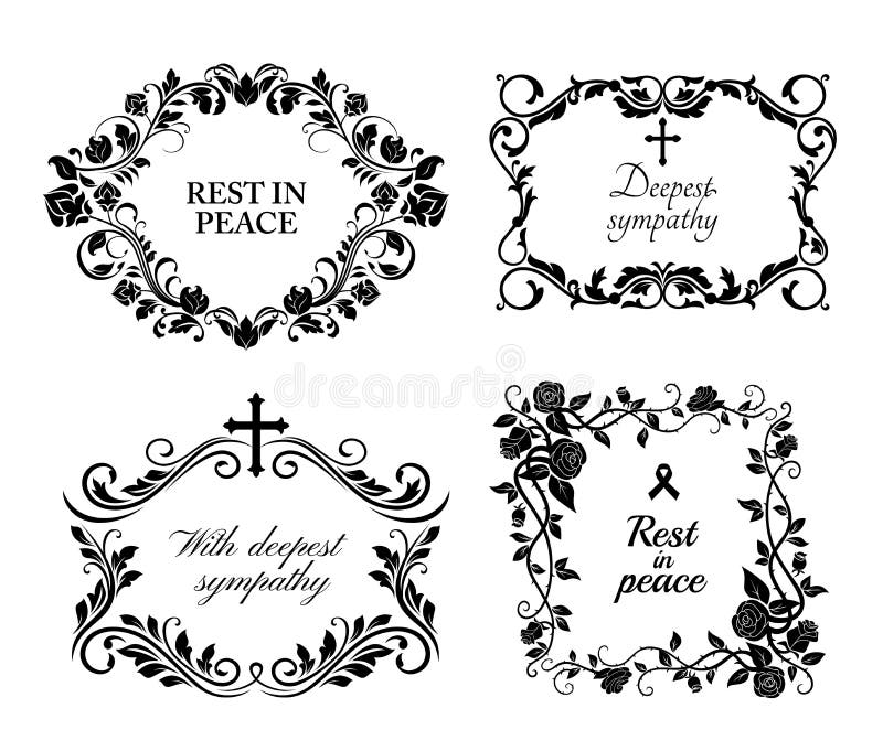 Funeral wreath cards of flowers, obituary RIP and condolences, vector black floral frames. Funeral memory and Deepest Sympathy message for columbarium or cemetery grave plates, black roses wreath. Funeral wreath cards of flowers, obituary RIP and condolences, vector black floral frames. Funeral memory and Deepest Sympathy message for columbarium or cemetery grave plates, black roses wreath