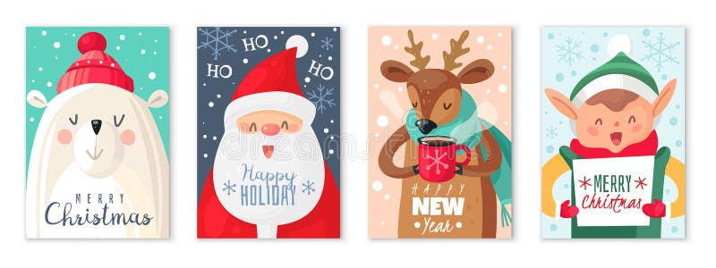 Tarjetas de navidad. feliz feliz navidad y tarjeta de bienvenida de año nuevo con lindo santa claus y bonitos animales regalo de n