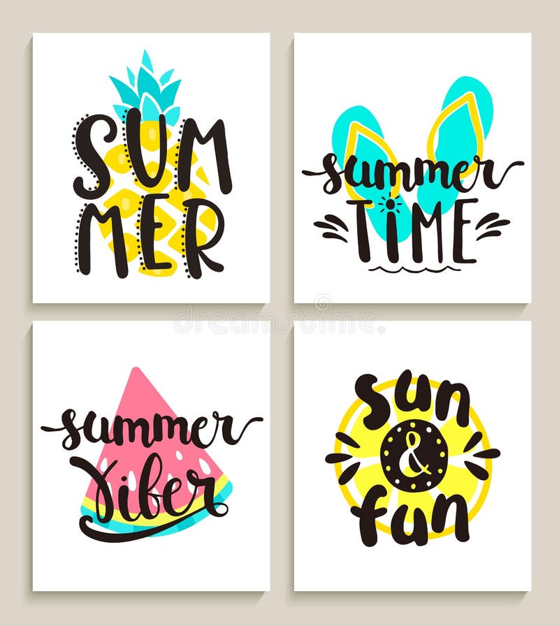 Tarjetas de verano brillantes en el fondo blanco stock de ilustración Tarjetas de verano brillantes en el fondo blanco stock de ilustración