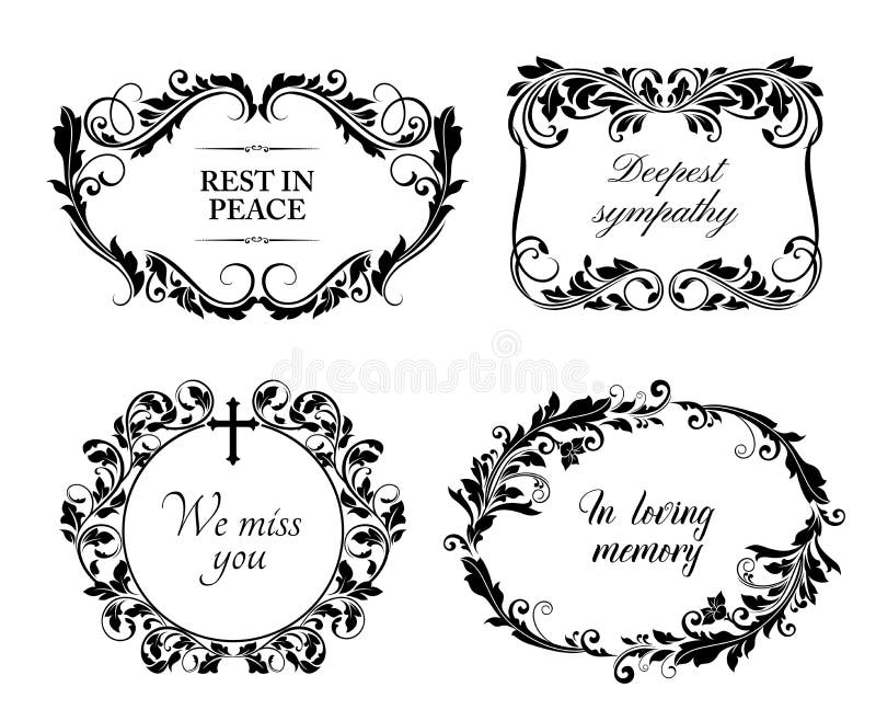 Funeral cards, vector vintage condolence floral wreaths, ornament with flourishes and obituary typography. Retro frames, obsequial memorial, funeral sorrowful borders or necrology monochrome templates. Funeral cards, vector vintage condolence floral wreaths, ornament with flourishes and obituary typography. Retro frames, obsequial memorial, funeral sorrowful borders or necrology monochrome templates