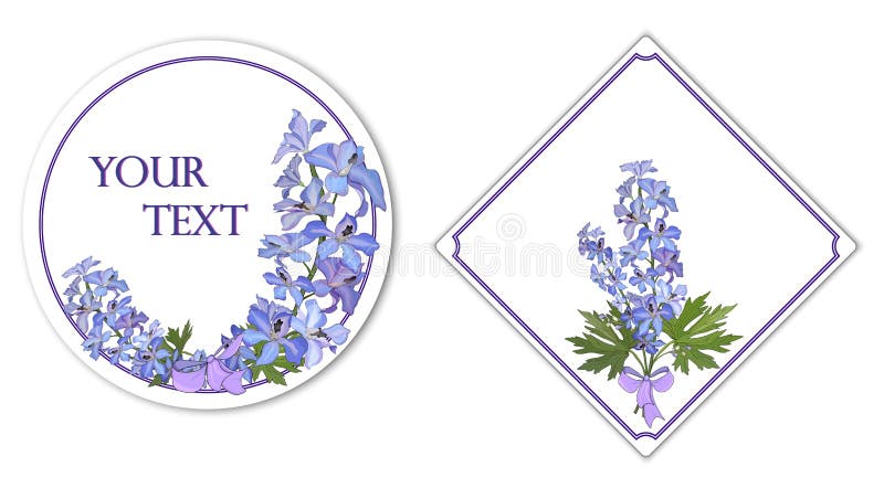 Tarjetas redondas y cuadradas con un ramo de delfinio de las flores Vector stock de ilustración Tarjetas redondas y cuadradas con un ramo de delfinio de las flores Vector stock de ilustración