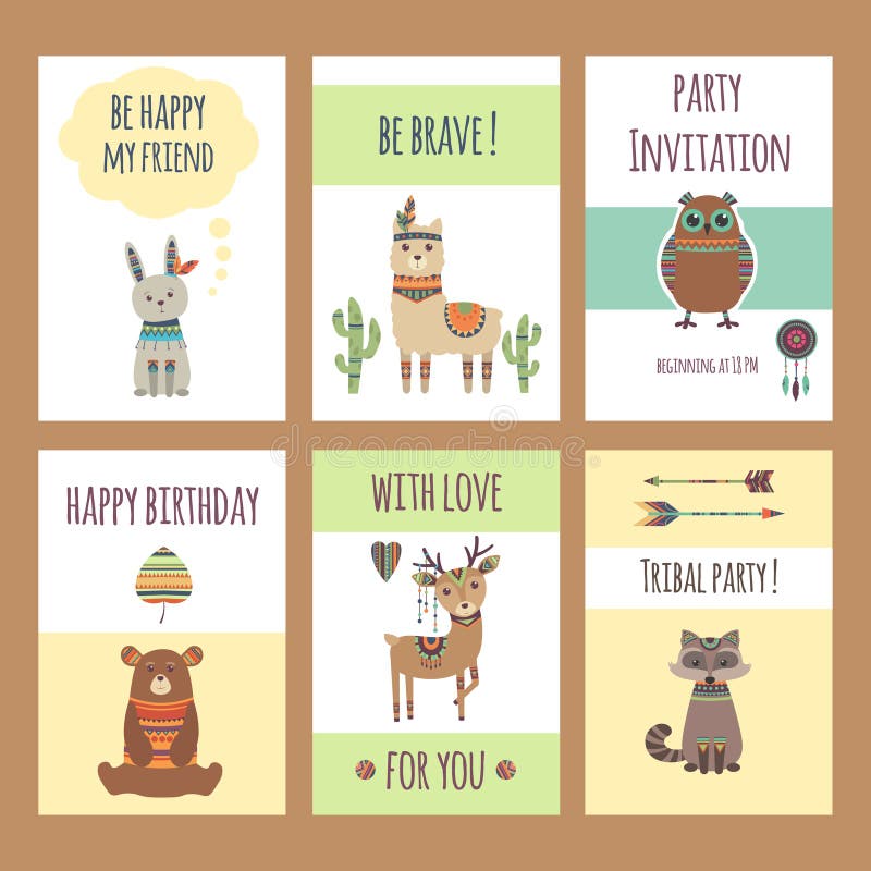 Tarjetas tribales de los animales Los caracteres lindos del parque zoológico atesoran el oso del elefante del león de los ciervos ilustración del vector Tarjetas tribales de los animales Los caracteres lindos del parque zoológico atesoran el oso del elefante del león de los ciervos ilustración del vector
