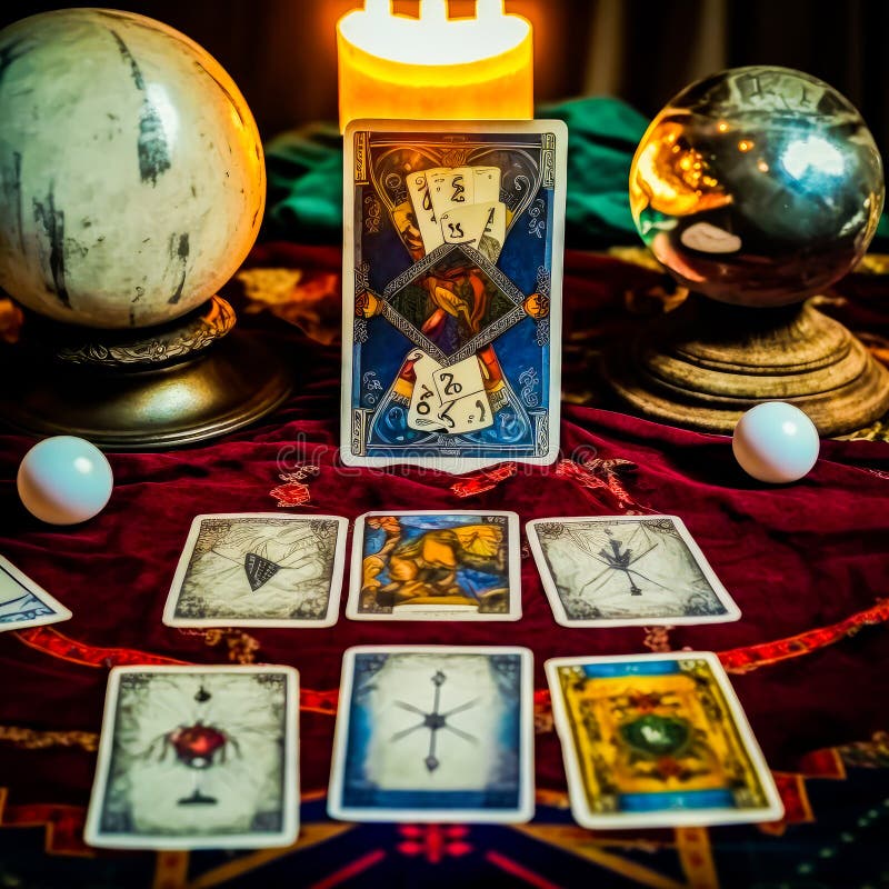 Tarot Cards and Candles on Table in Front of Globe. Generative AI Stock