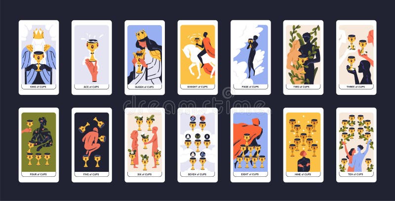 Tarot cards deck design. Minor Arcanas set, suit of cups, goblets pack. Occult esoteric spiritual Taro Ace, King, Queen
