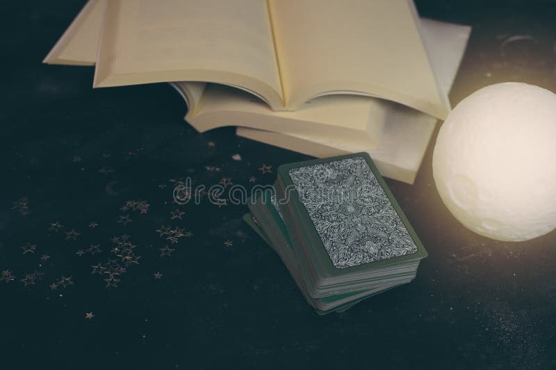 Tarot cards on fortune teller desk table. Future reading.