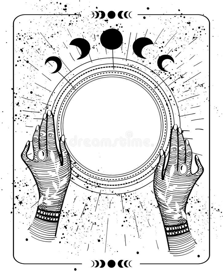 Tarot de dessin mystique avec la bille magique de l'espace de copie pour le texte. main femelle tenir un croquis à cadre rond vide