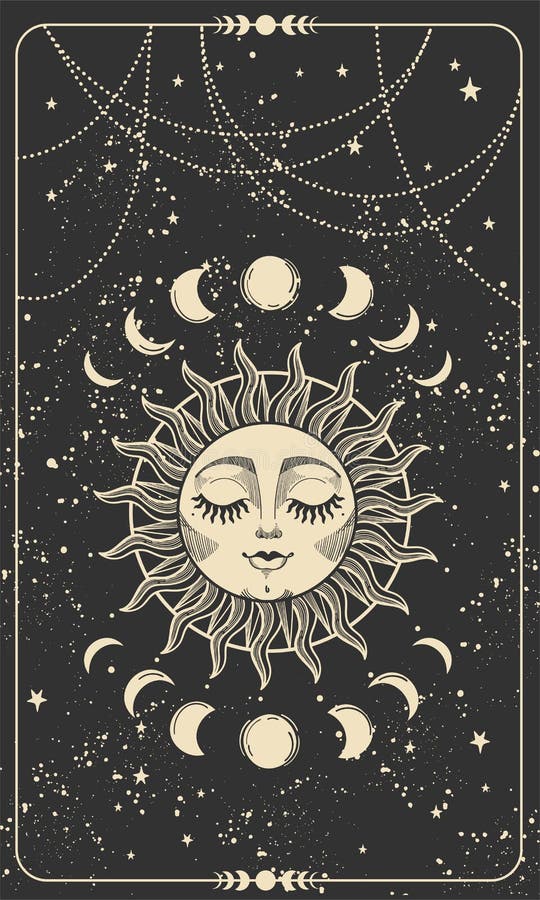 Tarot card with sun with face, moon phases and stars. Magic card, bohemian design, tattoo, engraving, witch cover. Golden mystical hand drawing on a black background. Tarot card with sun with face, moon phases and stars. Magic card, bohemian design, tattoo, engraving, witch cover. Golden mystical hand drawing on a black background