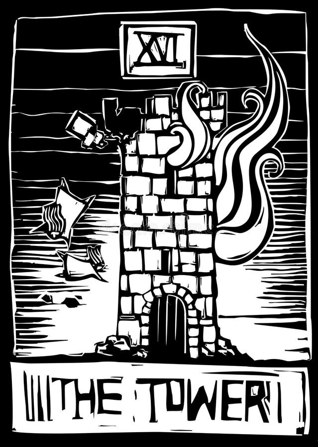 A woodcut style tarot card for the number 16 the tower. A woodcut style tarot card for the number 16 the tower.