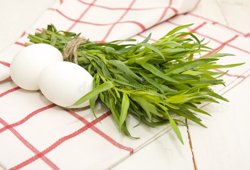 Tarragon and Eggs on Checkered Napkian Stock Image Image of plant
