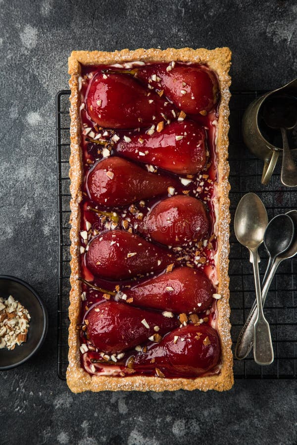 Tart with red wine poached pears