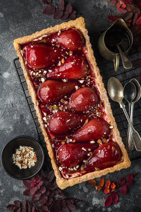 Tart with red wine poached pears