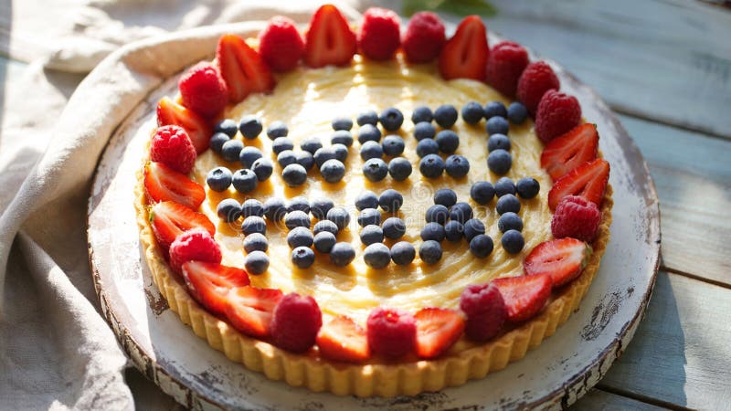 Tarta de vara proaspat coapta decorata cu afine si zmeura pe tava rustica din lemn stock illustration