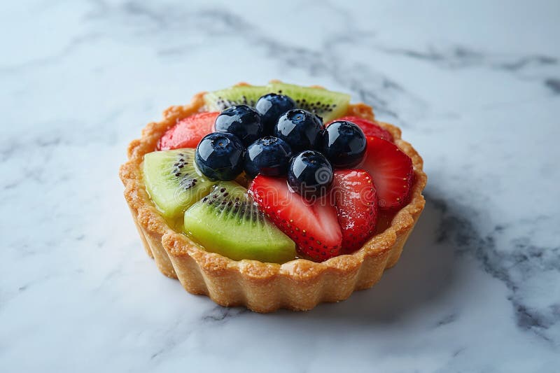 Tarta delicioasa cu Fructe Kiwi cu capsuni si mere verzi pe suprafata de marmura stock illustration
