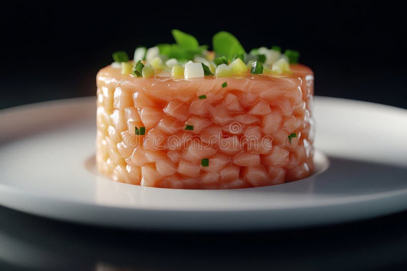 Tarta elegantă de somon, curățată cu perle și ierburi, pe un vas alb pentru a evidenția prospețimea culinară și g royalty free illustration