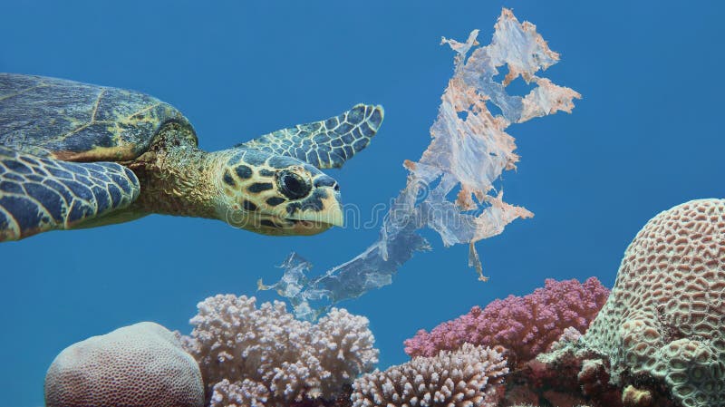 Tartaruga de hawksbill bonita do mar que nada acima do recife de corais tropical colorido poluído com saco de plástico imagem de stock Tartaruga de hawksbill bonita do mar que nada acima do recife de corais tropical colorido poluído com saco de plástico imagem de stock