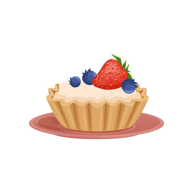 Tartelette med vaniljkräm som dekoreras med den nya jordgubben och blåbäret Söt och smaklig efterrätt Plan vektor vektor illustrationer