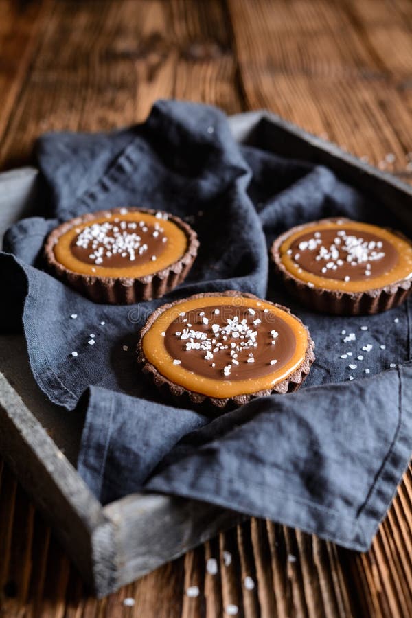 Tartlets del caramelo del chocolate tachonados con la sal imagenes de archivo Tartlets del caramelo del chocolate tachonados con la sal imagenes de archivo