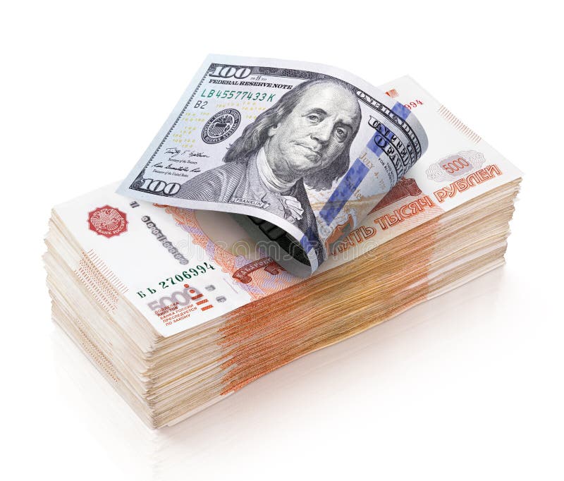 Tas de 5000 roubles russes de billets de banque et de cent billets d'un dollar images stock Tas de 5000 roubles russes de billets de banque et de cent billets d'un dollar images stock