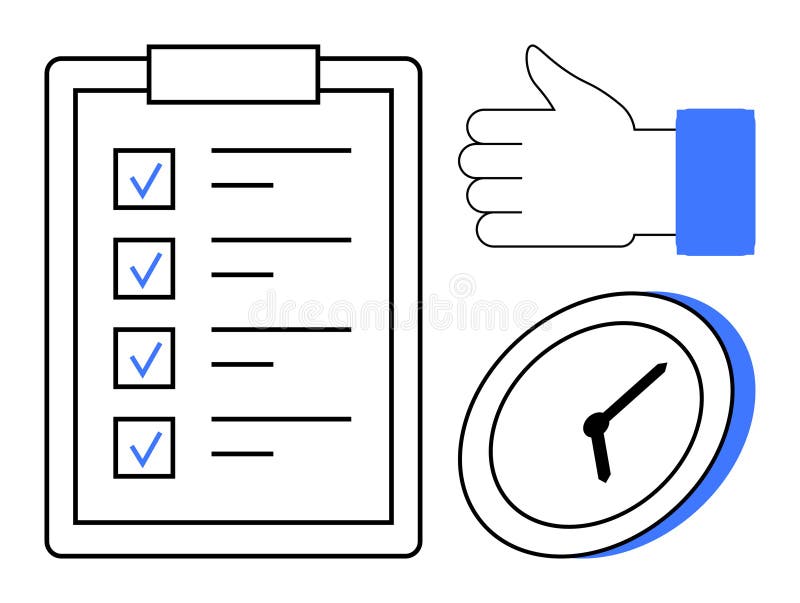 Task Checklist with Thumb Up and Clock Illustrating Productivity and Time Management vector illustration