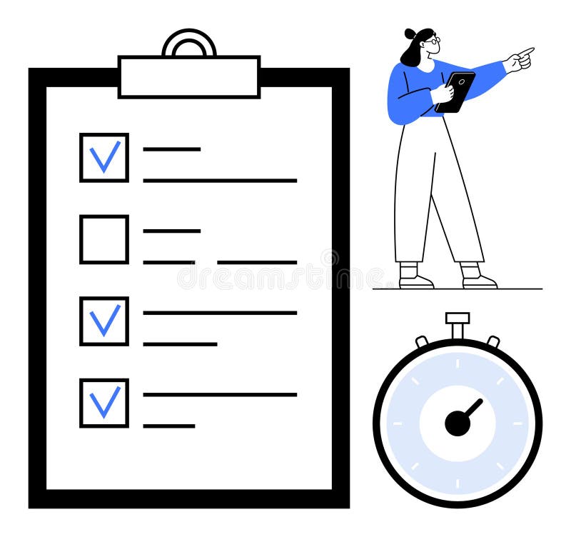 Task Checklist with Timer and Organized Professional Giving Direction stock illustration