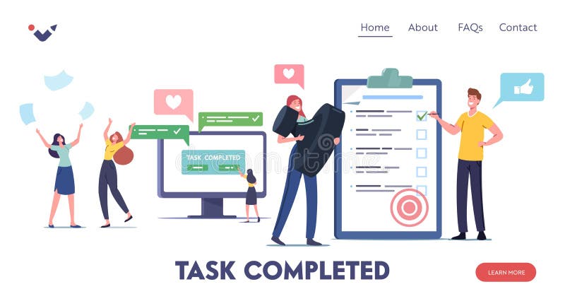 Task Completed Landing Page Template. Happy Characters Triumphing with Raised Hands and Scattered Papers on Workplace stock illustration