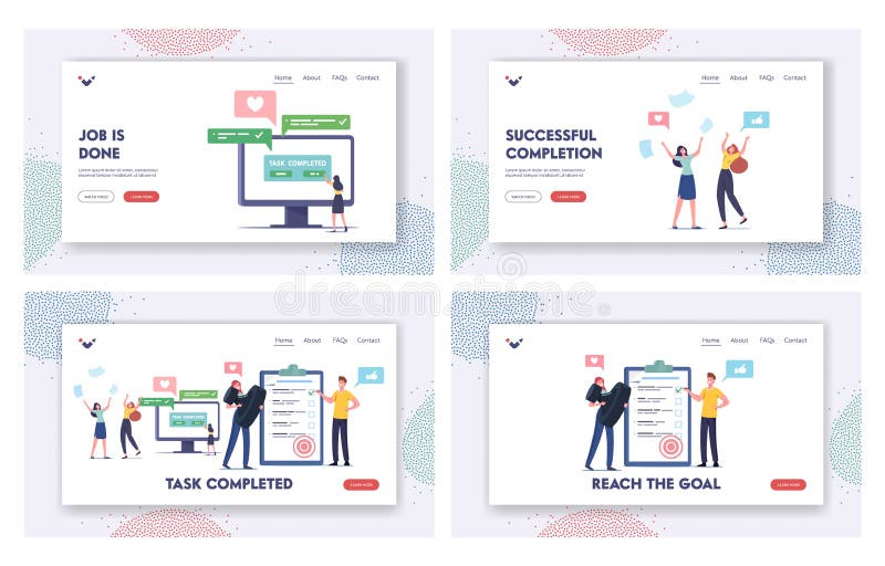 Task Completed Landing Page Template Set. Characters Triumphing with Raised Hands and Scattered Papers on Workplace vector illustration