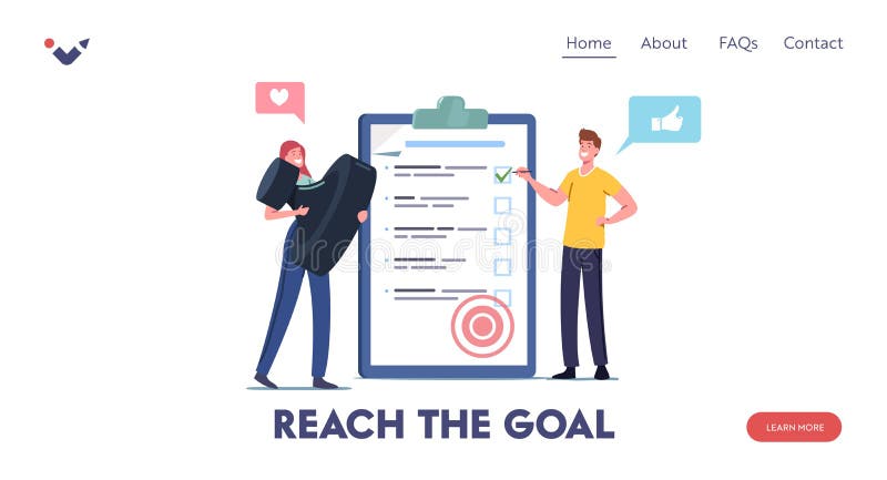 Task Completed Landing Page Template. Tiny Male Female Characters with Stamp Stand at Checklist Put Marks in Check Boxes stock illustration
