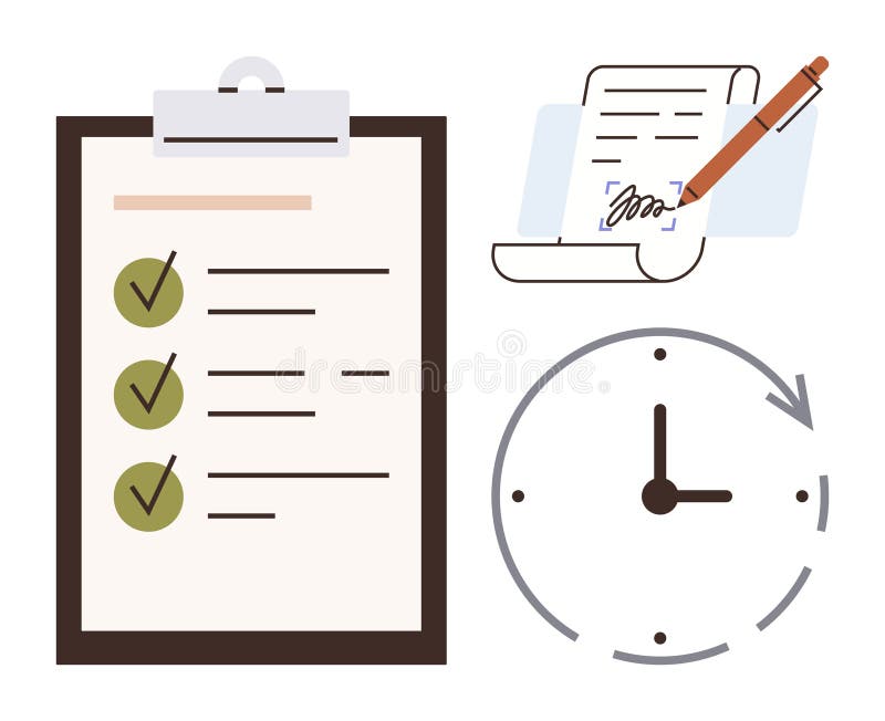 Task Completion Checklist with Document Signing and Time Management Concept royalty free illustration
