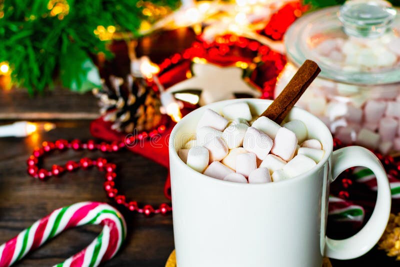 Tasse blanche de cacao avec des guimauves, des lucettes, des cônes de sapin, la branche d'arbre de Noël, la guirlande et le floco images stock Tasse blanche de cacao avec des guimauves, des lucettes, des cônes de sapin, la branche d'arbre de Noël, la guirlande et le floco images stock