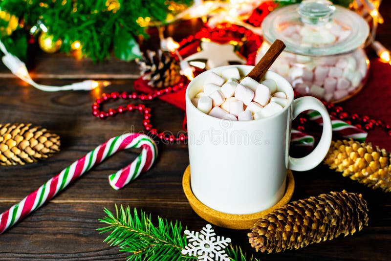 Tasse blanche de cacao avec des guimauves, des lucettes, des cônes de sapin, la branche d'arbre de Noël, la guirlande et le floco image stock Tasse blanche de cacao avec des guimauves, des lucettes, des cônes de sapin, la branche d'arbre de Noël, la guirlande et le floco image stock