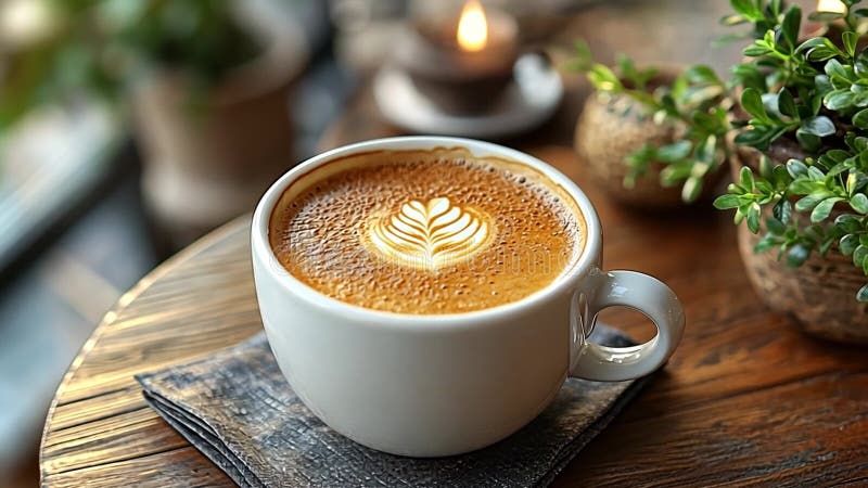 Tasse de café chaude avec latte sur une table en bois entourée de verdure illustration de vecteur