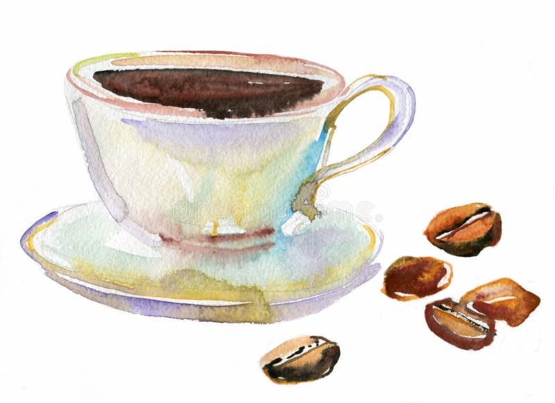 A steaming cup of coffee and coffee beans. watercolor. A steaming cup of coffee and coffee beans. watercolor