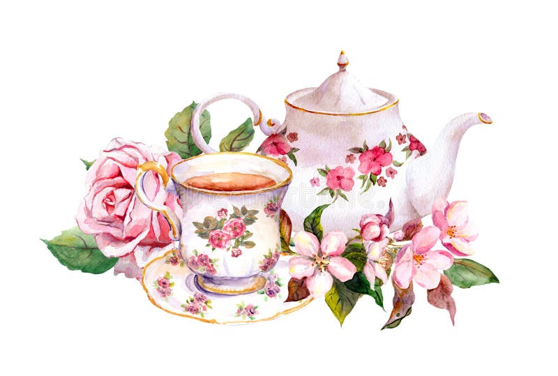 Tasse de thé, pot de thé avec des fleurs Carte de cru watercolor