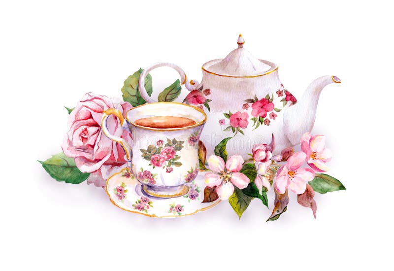 Tasse de thé, pot de thé, les fleurs roses - se sont levées et les fleurs de cerisier watercolor