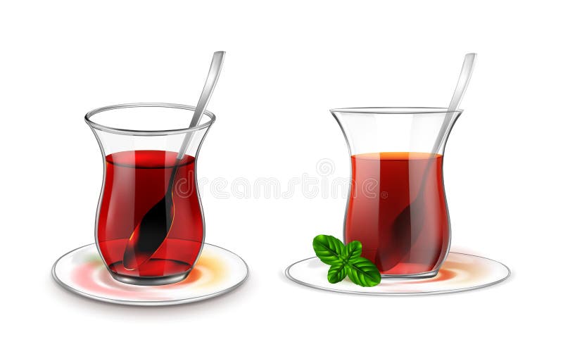 Tasse de thé turque avec le thé noir, la cuillère d'argent et la menthe illustration stock Tasse de thé turque avec le thé noir, la cuillère d'argent et la menthe illustration stock