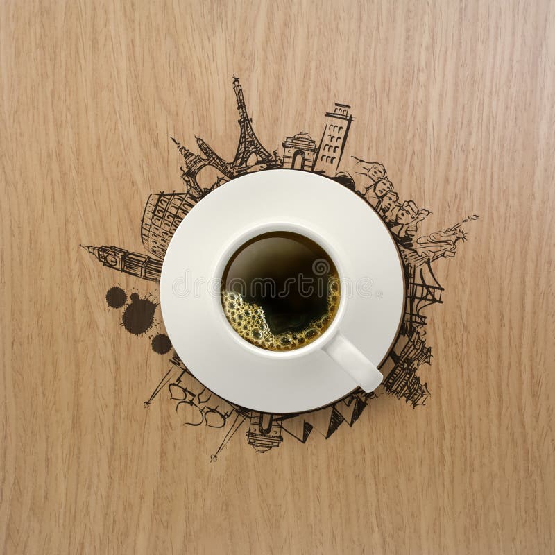 Tasse Kaffee 3d, der auf der ganzen Welt reist stockfotografie Tasse Kaffee 3d, der auf der ganzen Welt reist stockfotografie