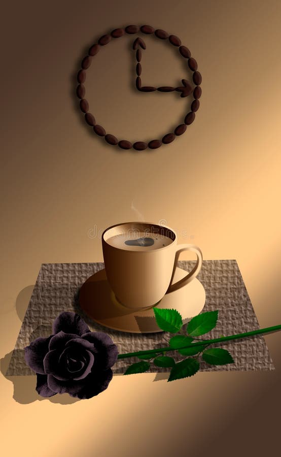 A cup of coffee on a napkin. Napkin made of coarse cloth. Black rose on a napkin. Over the composting are hours of coffee beans. A cup of coffee on a napkin. Napkin made of coarse cloth. Black rose on a napkin. Over the composting are hours of coffee beans.