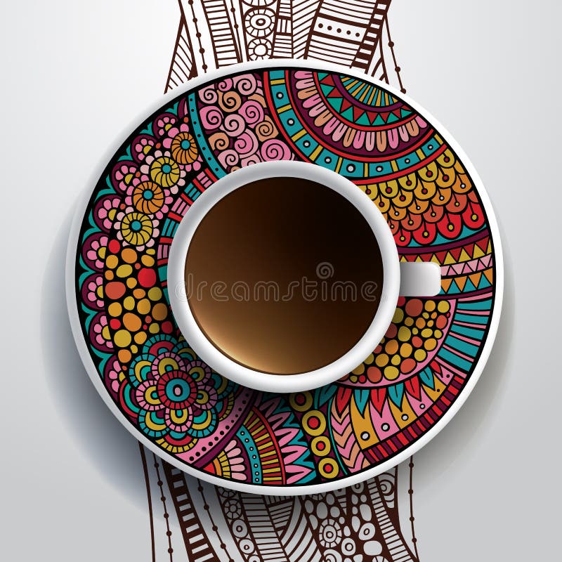 Tasse Kaffee und Hand gezeichnete Blumenverzierung vektor abbildung Tasse Kaffee und Hand gezeichnete Blumenverzierung vektor abbildung