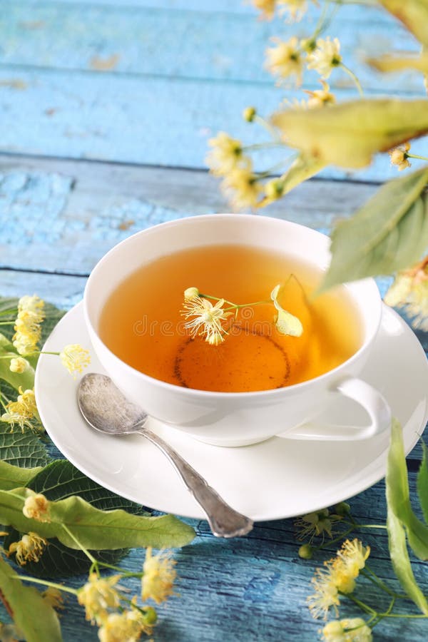 Tasse Kräuterlinden-Tee mit Lindenblumen stockbilder