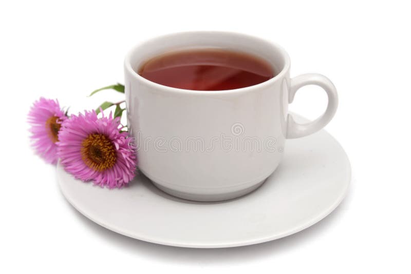 Tasse Tee und rosafarbene Gänseblümchen. lizenzfreie stockbilder Tasse Tee und rosafarbene Gänseblümchen. lizenzfreie stockbilder