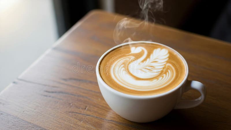 Tasse à café avec design cygne en latte sur table en bois illustration de vecteur