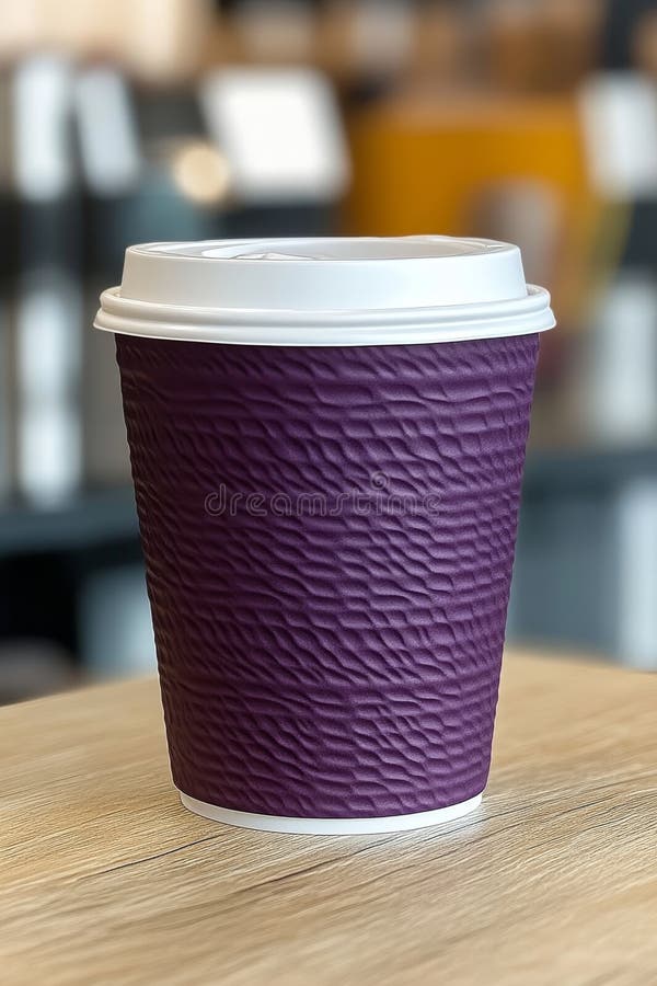 Tasse à café jetable texturée violette sur une table en bois avec fond de café floue générée par ai